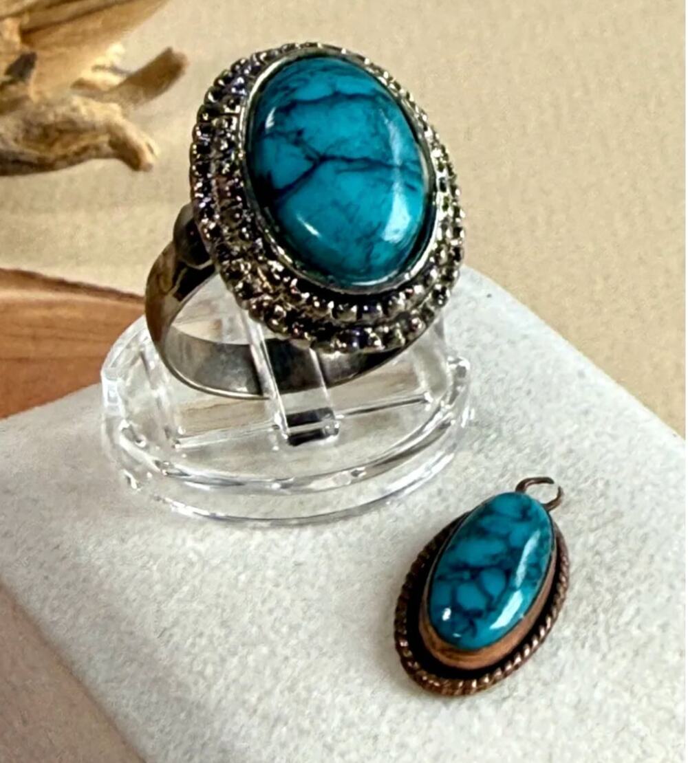 Vintage Signed CW COOPER Southwestern Copper Turquoise Pendant & Ring Set Boho